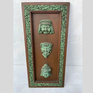 Zarebski Maya Folk Art Vintage Hanging Wall Decorative Plaque Stone Wood Green
